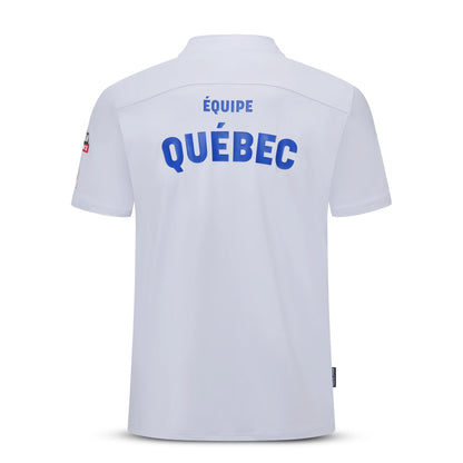 Back view of the Pagulayan Team Québec billiards jersey showing the ÉQUIPE QUÉBEC print in bold blue letters.