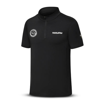 Angled front view of the Pagulayan ‘The Lion’ billiards jersey showing the crest logo and clean black athletic design.