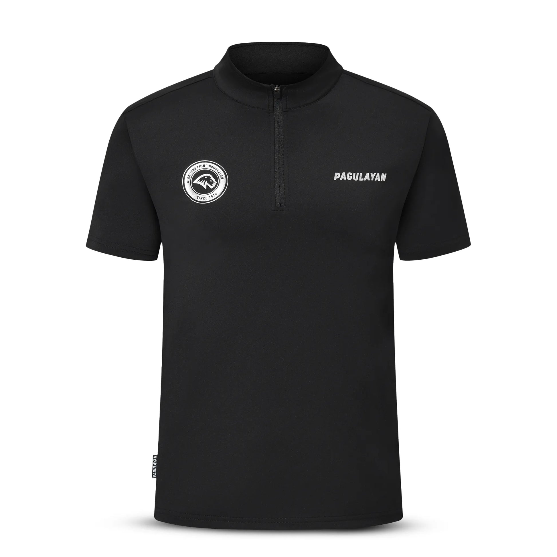 Front view of the Pagulayan ‘The Lion’ billiards jersey featuring the crest logo and minimalist black design.