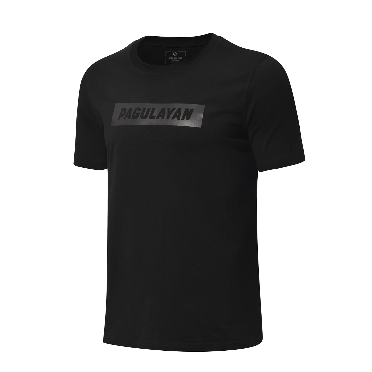 Angled view of The Subtle T-Shirt by Pagulayan minimalist black cotton t-shirt with reflective logo.