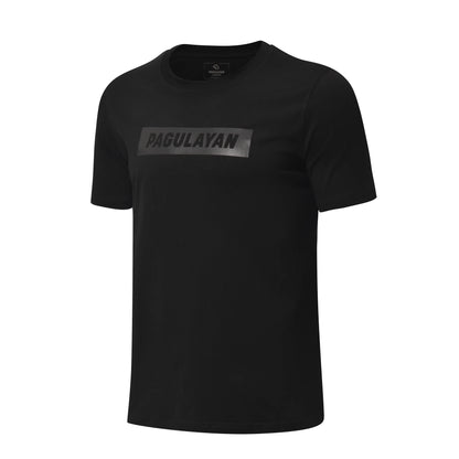 Angled view of The Subtle T-Shirt by Pagulayan minimalist black cotton t-shirt with reflective logo.