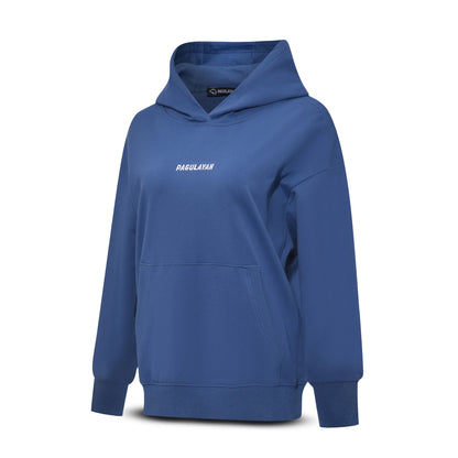 Angled view of the Pagulayan Women’s Drop-Shoulder Pocket Hoodie in blue showing the front logo and relaxed fit.