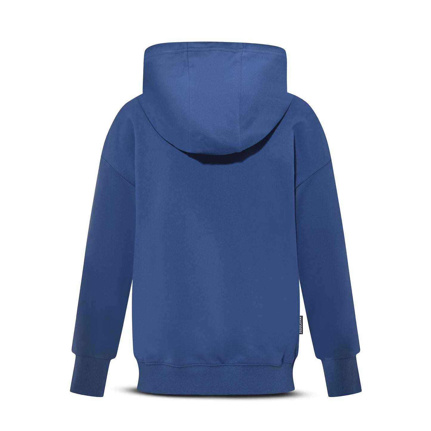Back view of the Pagulayan Women’s Drop-Shoulder Pocket Hoodie in blue showing the hood and relaxed silhouette.