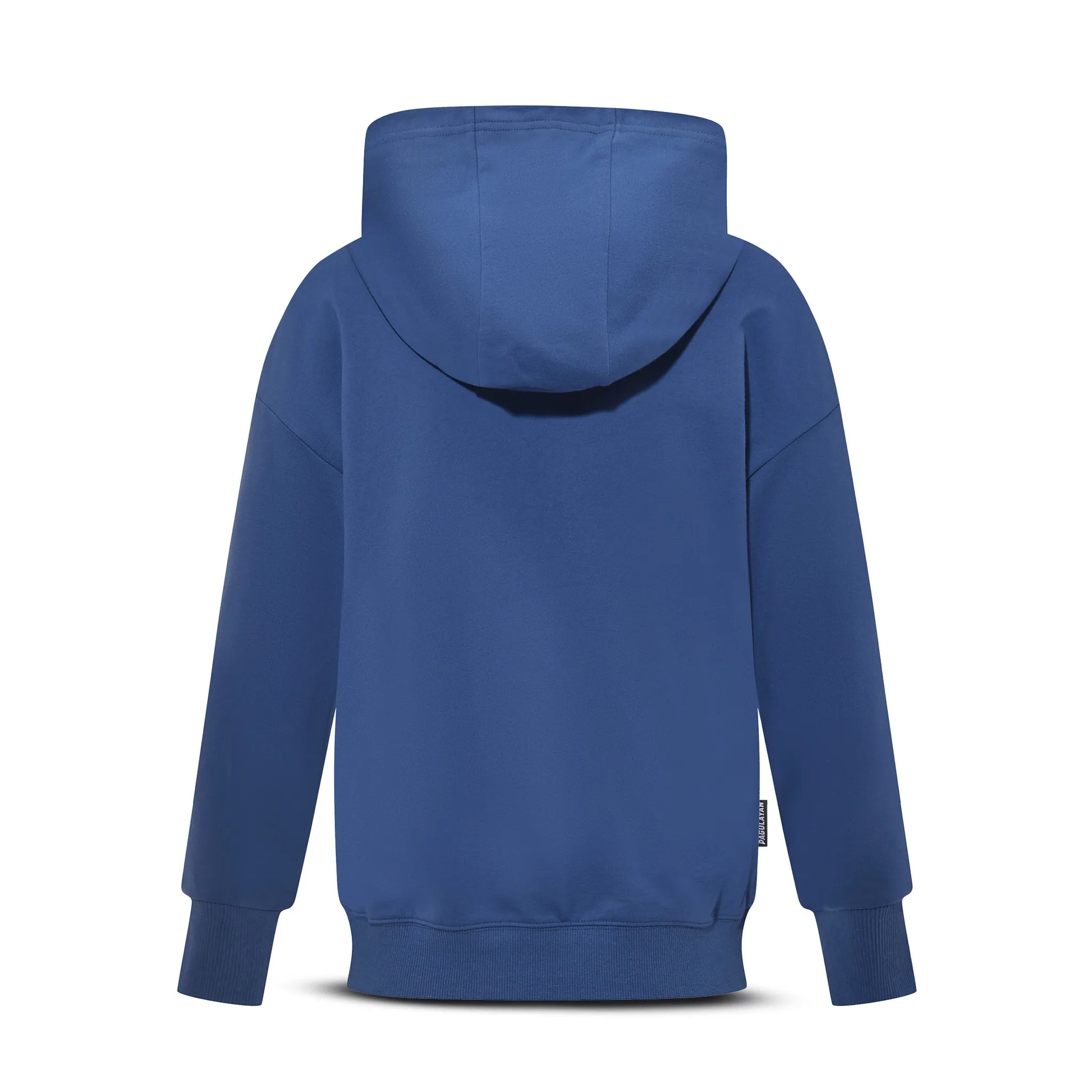 Back view of the Pagulayan Women’s Drop-Shoulder Pocket Hoodie in blue showing the hood and relaxed silhouette.