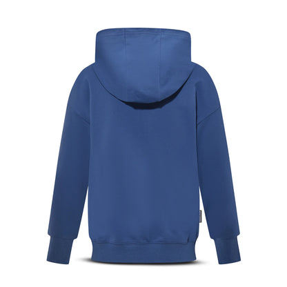 Back view of the Pagulayan Women’s Drop-Shoulder Pocket Hoodie in blue showing the hood and relaxed silhouette.