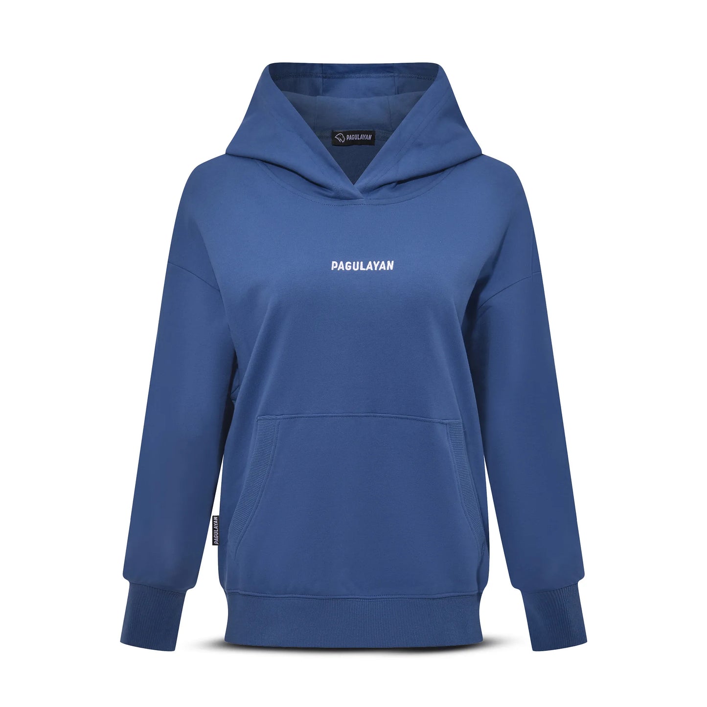Front view of the Pagulayan Women’s Drop-Shoulder Pocket Hoodie in blue with a minimalist chest logo.