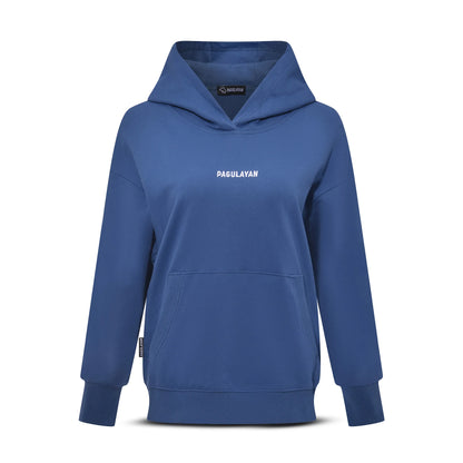 Front view of the Pagulayan Women’s Drop-Shoulder Pocket Hoodie in blue with a minimalist chest logo.