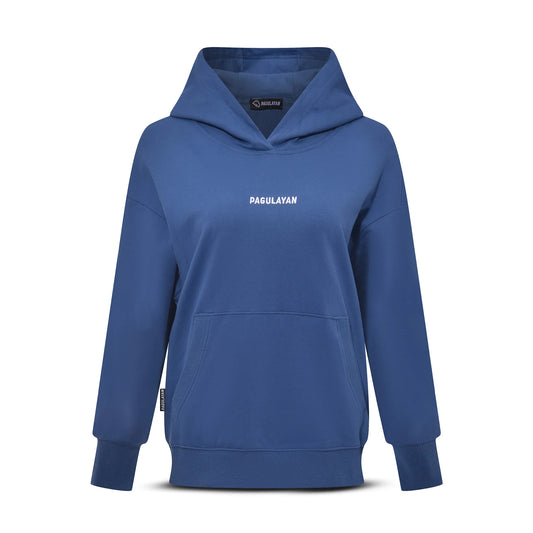Front view of the Pagulayan Women’s Drop-Shoulder Pocket Hoodie in blue with a minimalist chest logo.