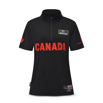 Front view of the Pagulayan Women’s Team Canada billiards jersey with red CANADA print and logo details.