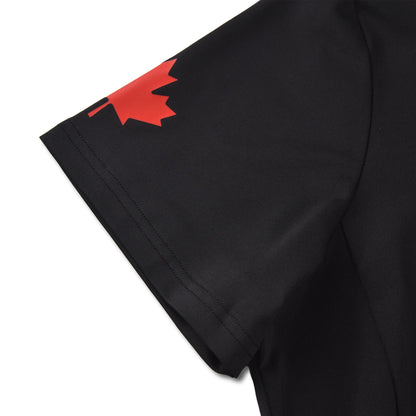 Sleeve detail of the Pagulayan Women’s Team Canada billiards jersey featuring a red maple leaf print.