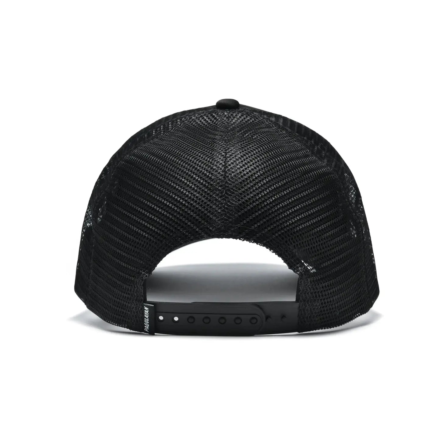 Back view of Pagulayan black 6 panel trucker cap showing breathable mesh panels and adjustable snapback closure.