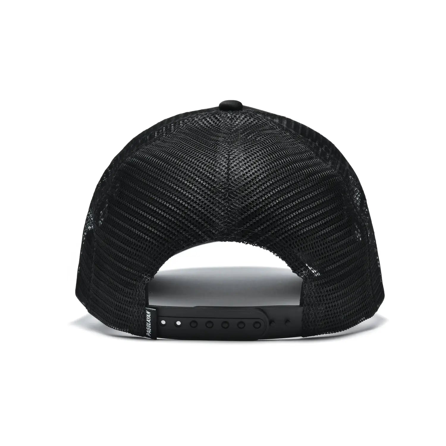 Back view of Pagulayan black 6 panel trucker cap showing breathable mesh panels and adjustable snapback closure.