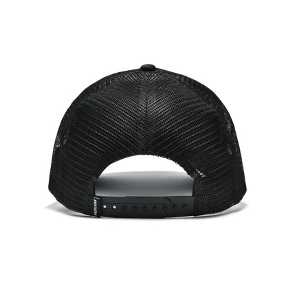 Back view of Pagulayan black 6 panel trucker cap showing breathable mesh panels and adjustable snapback closure.