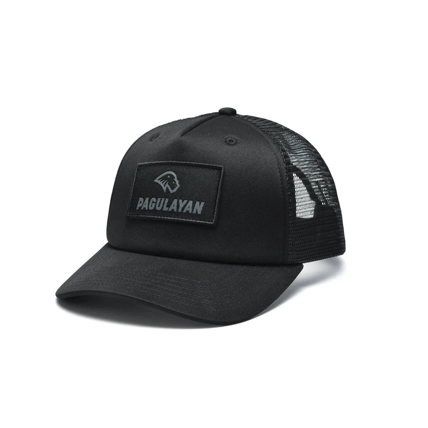 Pagulayan black 6 panel trucker cap front view with woven patch logo, curved bill, and breathable mesh back panels.