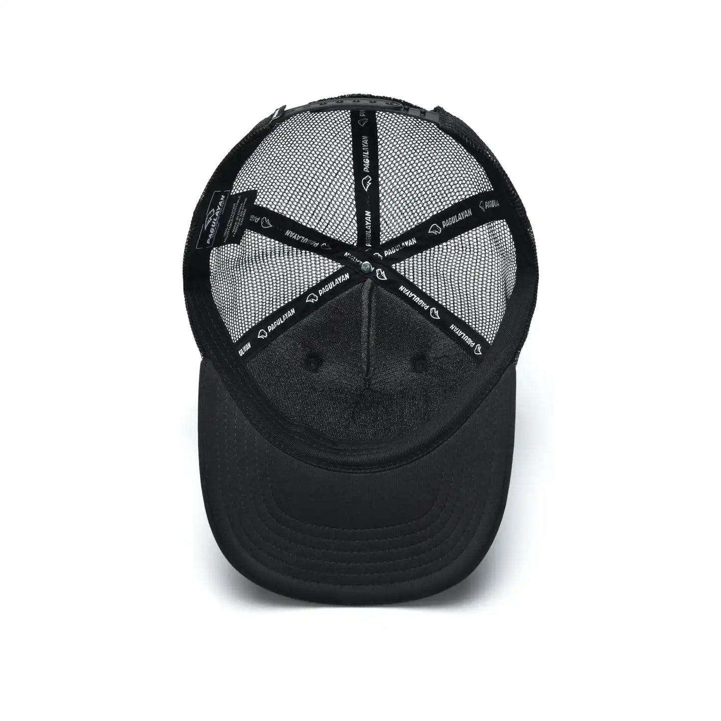 Interior view of Pagulayan black trucker cap showing 6 panel structure, mesh lining, and adjustable snapback closure.