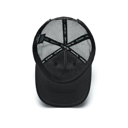 Interior view of Pagulayan black trucker cap showing 6 panel structure, mesh lining, and adjustable snapback closure.