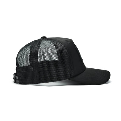 Pagulayan black 6 panel trucker cap side view showing breathable mesh panels and curved bill.