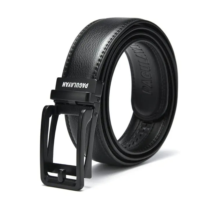 Premium black ratchet leather belt with black click-lock buckle and hole-free micro-adjustable fit system.