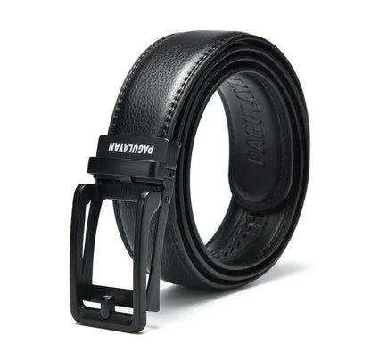 Premium black ratchet leather belt with black click-lock buckle and hole-free micro-adjustable fit system.