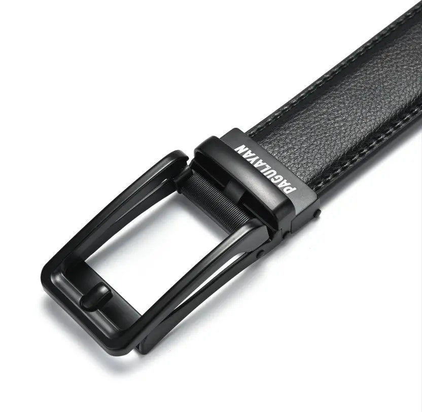 Close-up of a premium black ratchet leather belt featuring a black click-lock buckle and micro-adjustable hole-free track system.