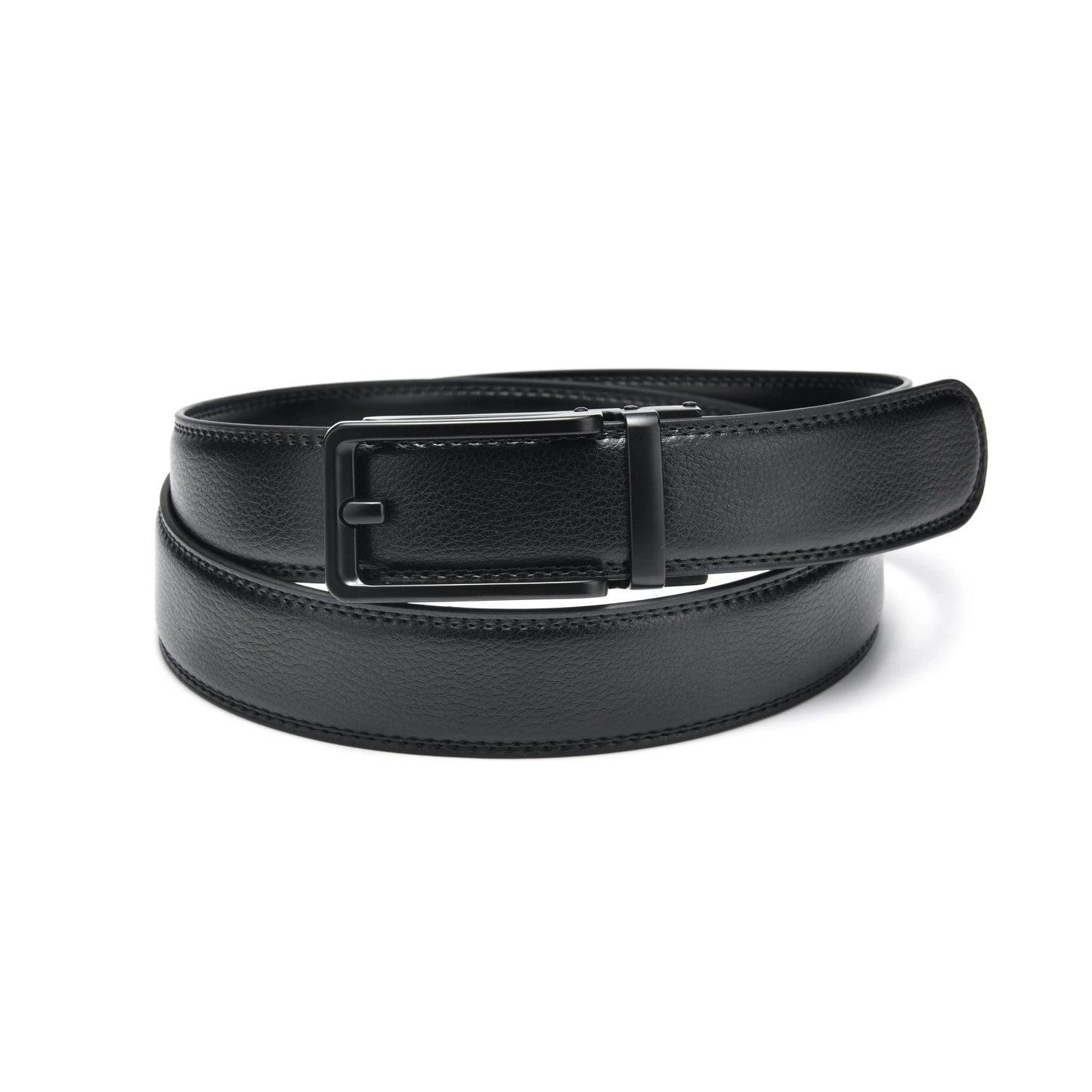Premium black ratchet leather belt with black click-lock buckle displayed in a flat lay view, featuring genuine leather construction and a hole-free adjustable fit.