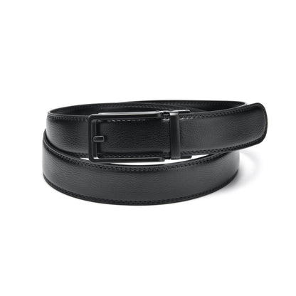 Premium black ratchet leather belt with black click-lock buckle displayed in a flat lay view, featuring genuine leather construction and a hole-free adjustable fit.