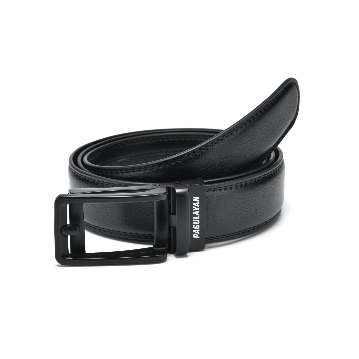 Premium black ratchet leather belt with black click-lock buckle displayed in front view, featuring a hole-free micro-adjustable fit system.