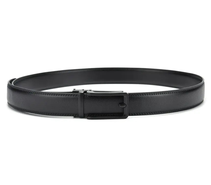 Premium ratchet leather black belt with a silver buckle on a white background