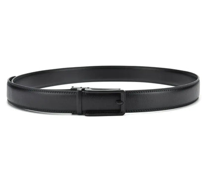 Premium ratchet leather black belt with a silver buckle on a white background