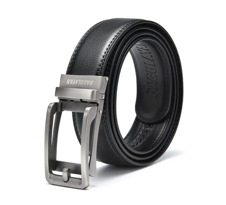 Premium black ratchet leather belt with gunmetal click-lock buckle and hole-free micro-adjustable track system.