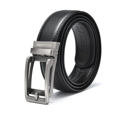 Premium black ratchet leather belt with gunmetal click-lock buckle and hole-free micro-adjustable track system.