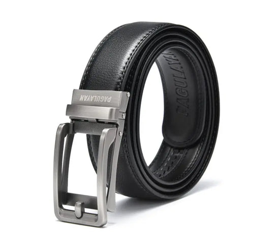 Premium black ratchet leather belt with gunmetal click-lock buckle and hole-free micro-adjustable track system.