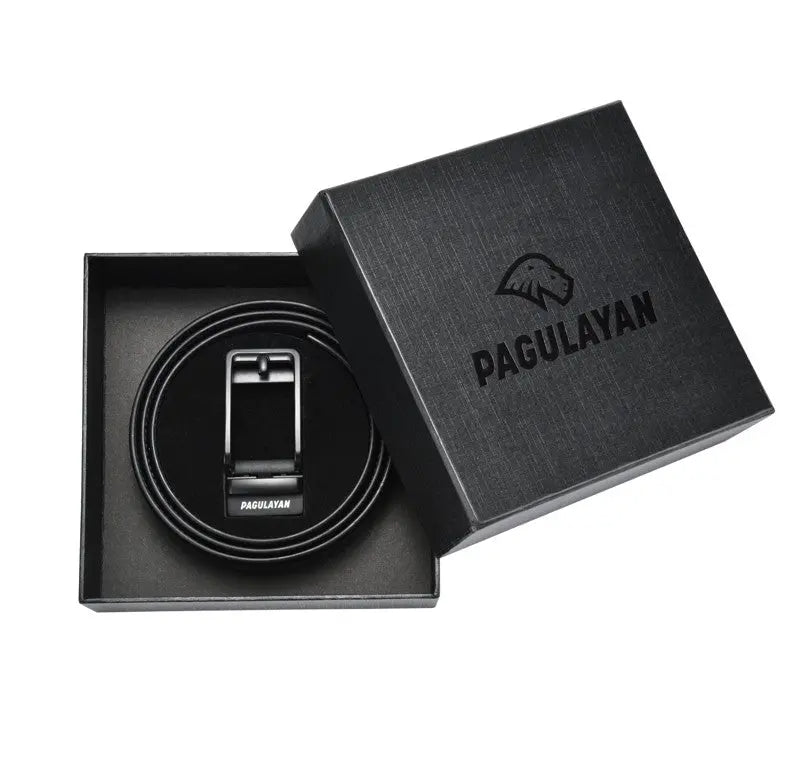 Premium black ratchet leather belt with black click-lock buckle presented in a branded gift box packaging.