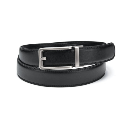 Premium black ratchet leather belt with gunmetal click-lock buckle displayed in a flat lay view, featuring genuine leather construction and a hole-free adjustable fit.