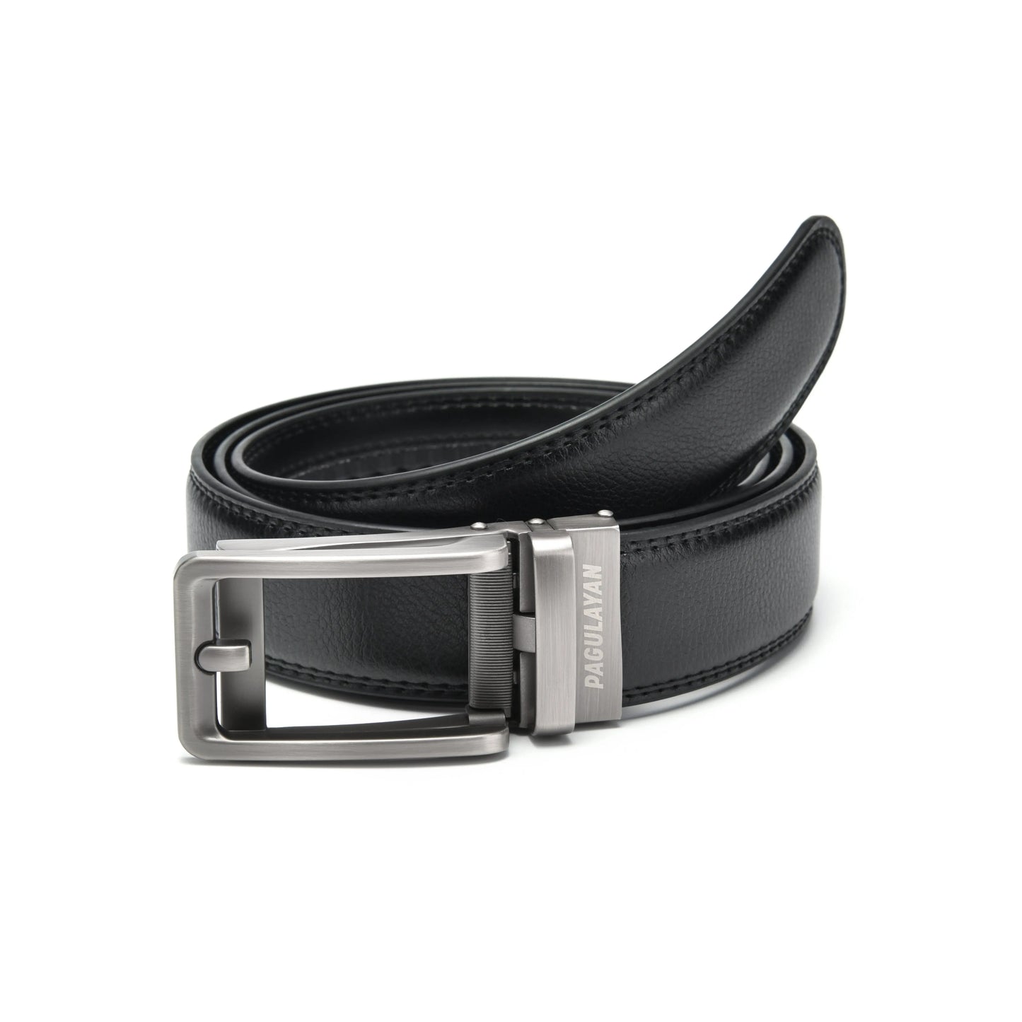 Premium black ratchet leather belt with gunmetal click-lock buckle shown in front view with hole-free micro-adjustable track system.
