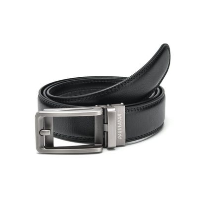 Premium black ratchet leather belt with gunmetal click-lock buckle shown in front view with hole-free micro-adjustable track system.