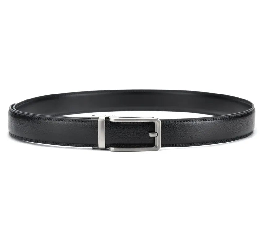 Premium black belt with silver buckle on a white background