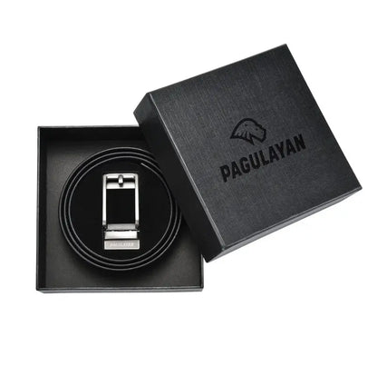 Premium black ratchet leather belt with gunmetal click-lock buckle presented in a branded gift box packaging.