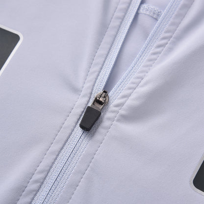A detailed close-up of the zipper on the Pagulayan Quebec billiards jersey showing the white fabric and precise stitching.