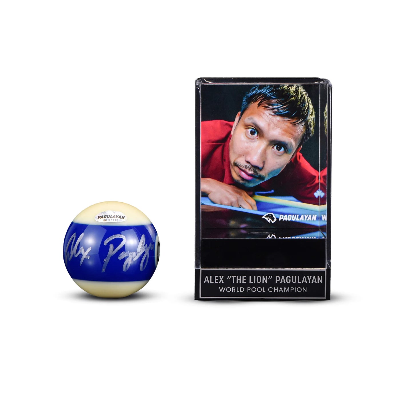 Signed 10 ball by Alex Pagulayan shown beside the display backdrop featuring his portrait and name plaque.