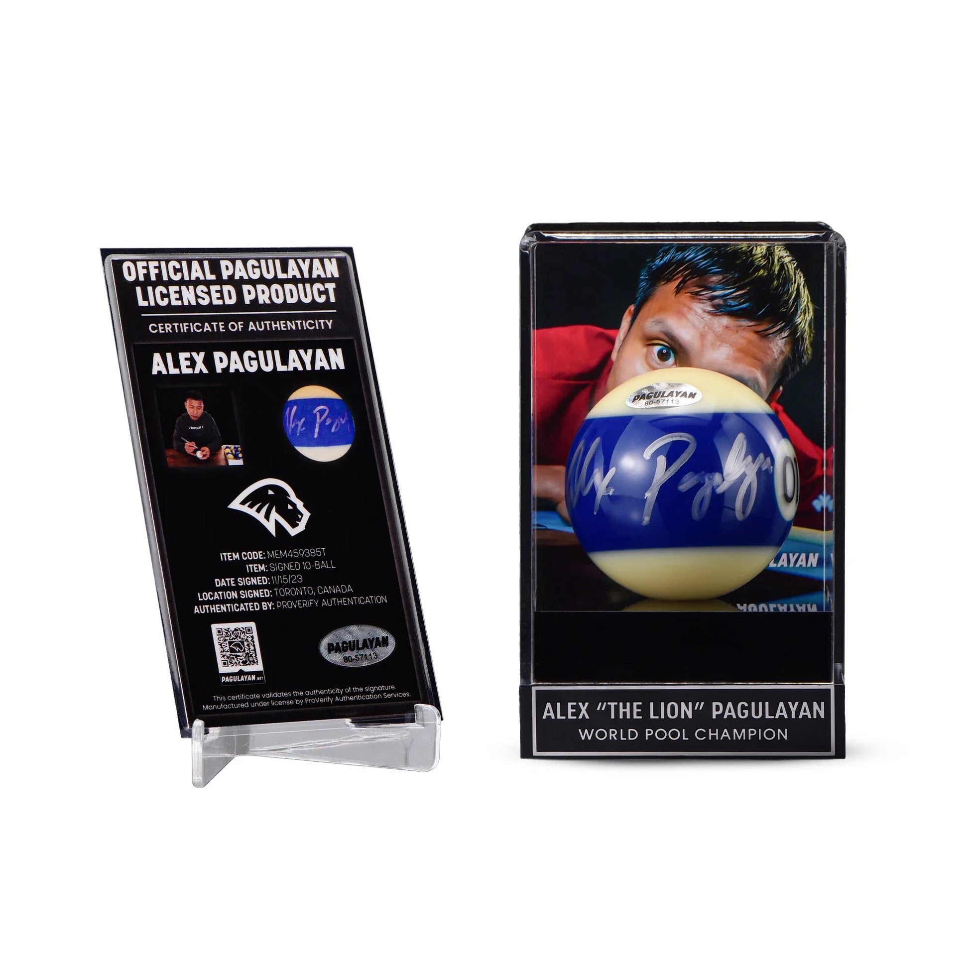 Signed 10 ball display with an Aramith 10 ball signed by Alex Pagulayan in an acrylic case with certificate of authenticity.
