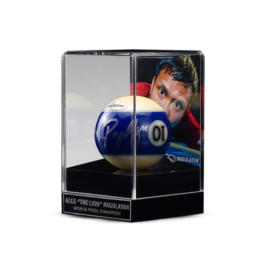 Front view of a signed 10 ball display by Alex Pagulayan in a clear acrylic case with photo backdrop.