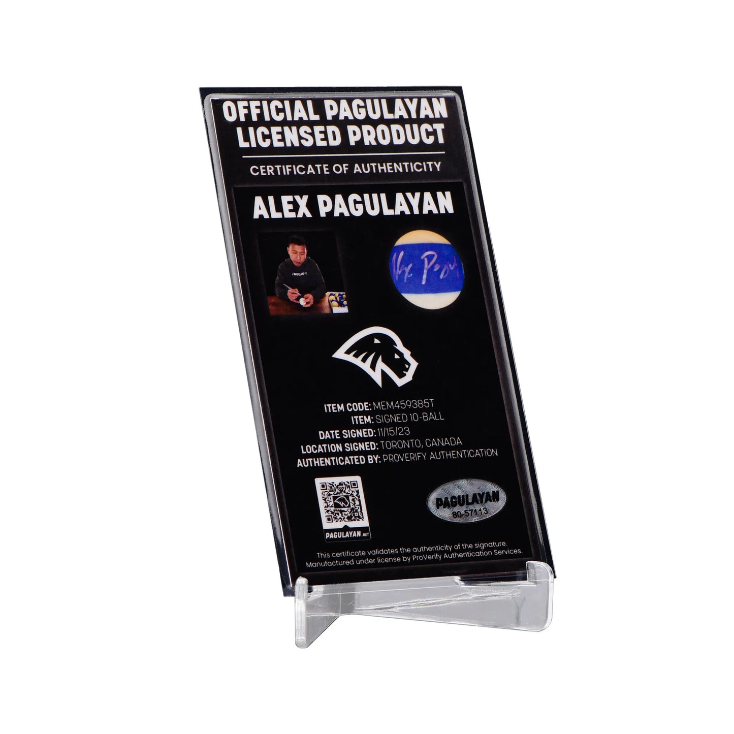 Certificate of authenticity for signed 10 ball display by Alex Pagulayan with numbered hologram and QR verification.