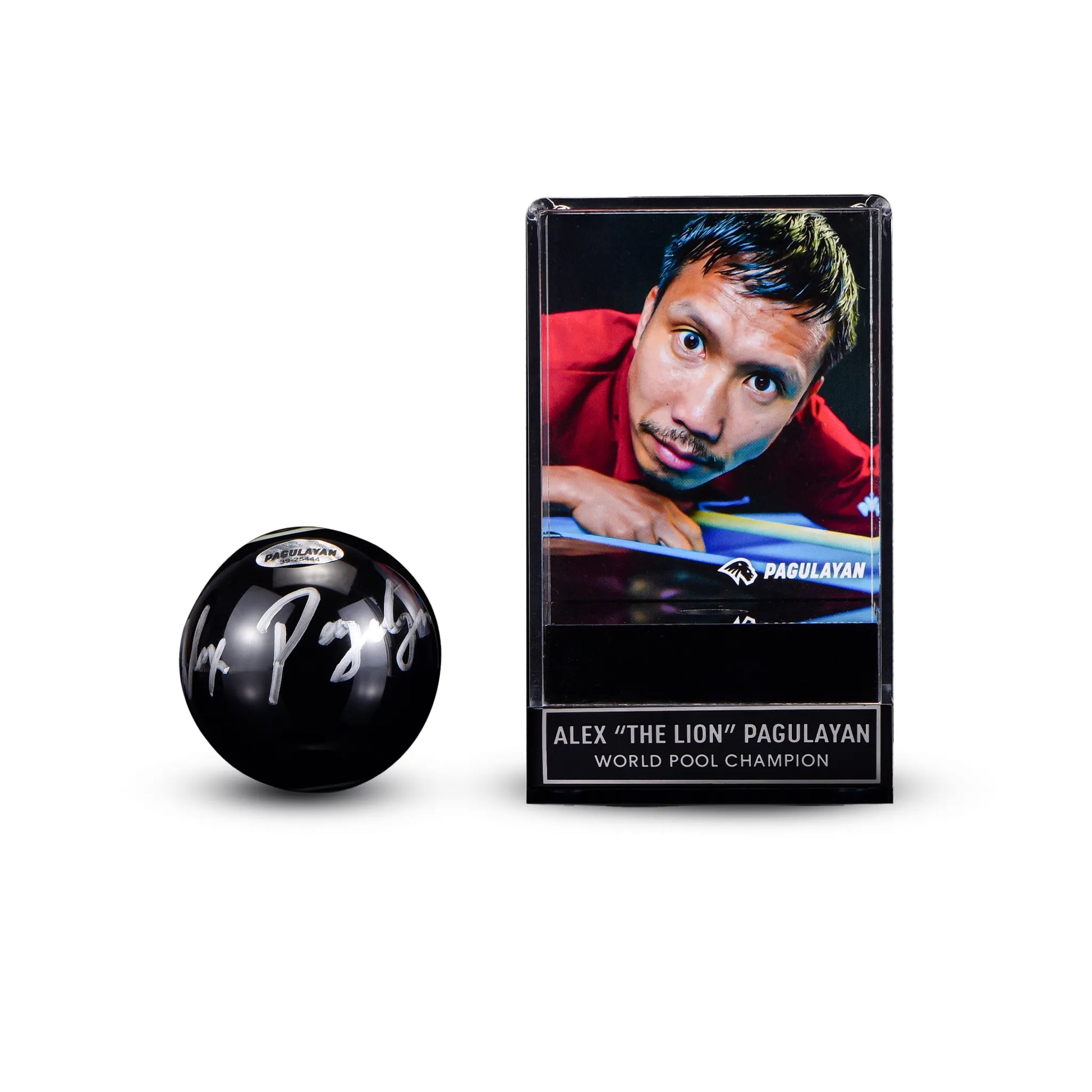 Signed 8 ball shown beside an acrylic display featuring Alex Pagulayan photo backdrop and name plaque.