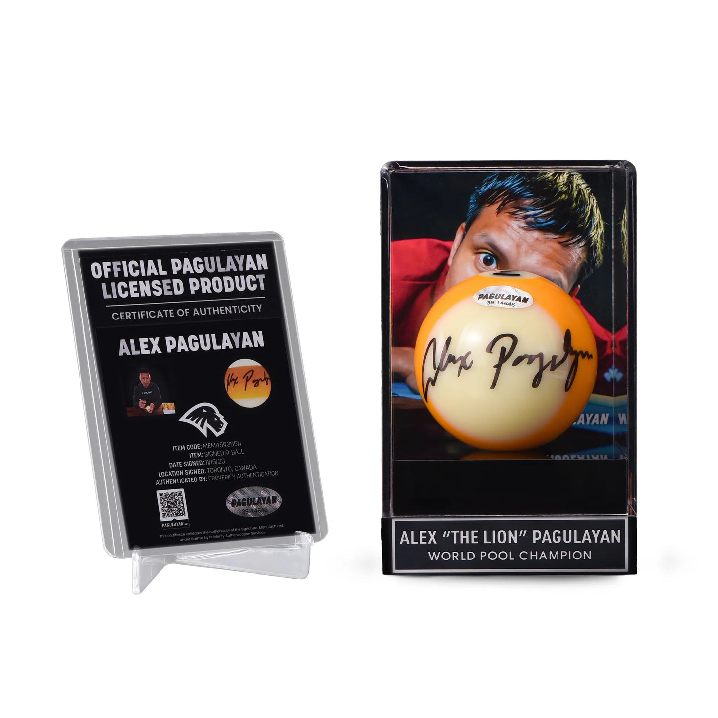 Signed 9 ball display with an Aramith 9 ball signed by Alex Pagulayan in an acrylic case with certificate of authenticity.
