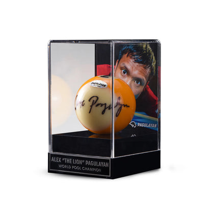 Front view of a signed 9 ball display by Alex Pagulayan in a clear acrylic case with photo backdrop.