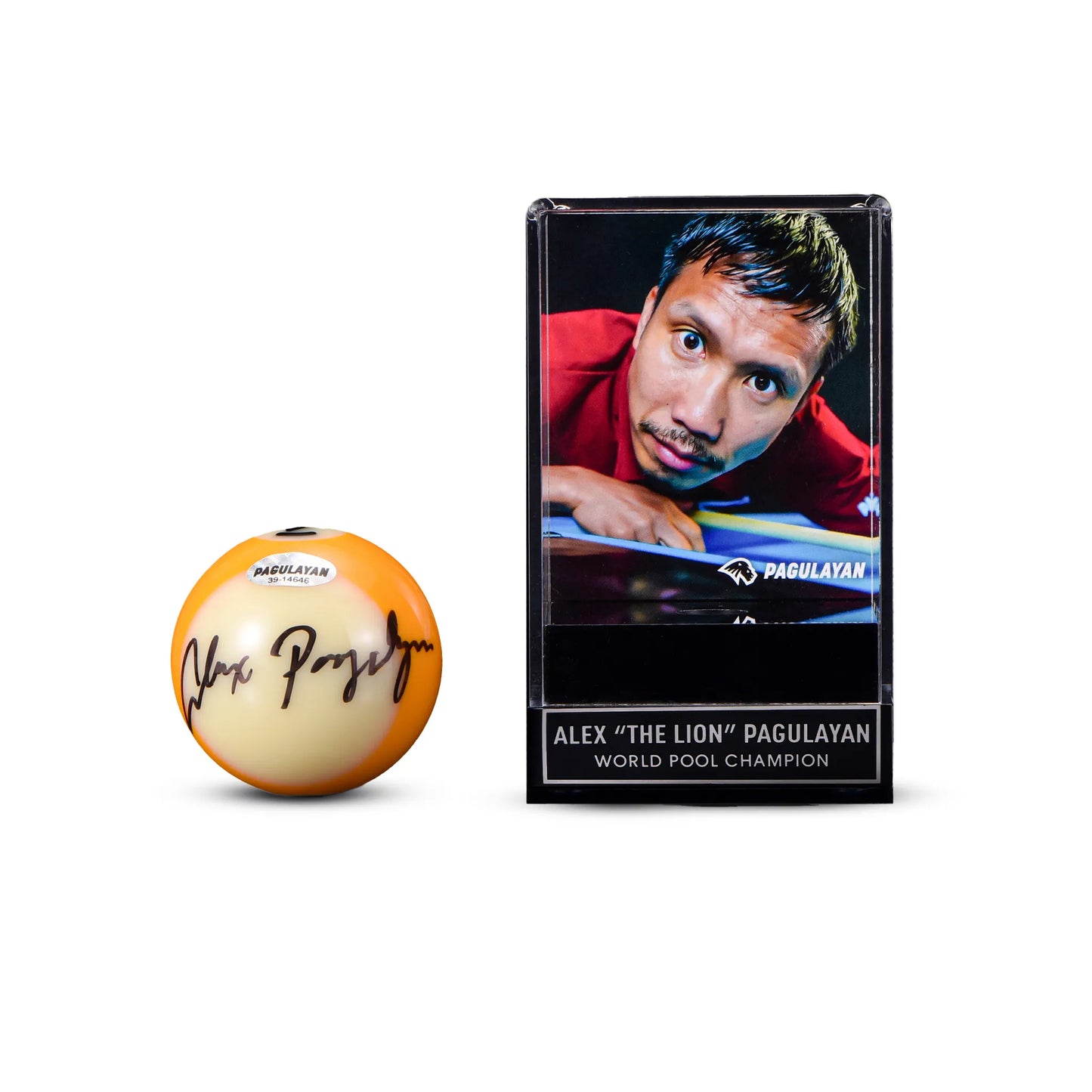 Signed 9 ball shown beside an acrylic display featuring Alex Pagulayan photo backdrop and name plaque.