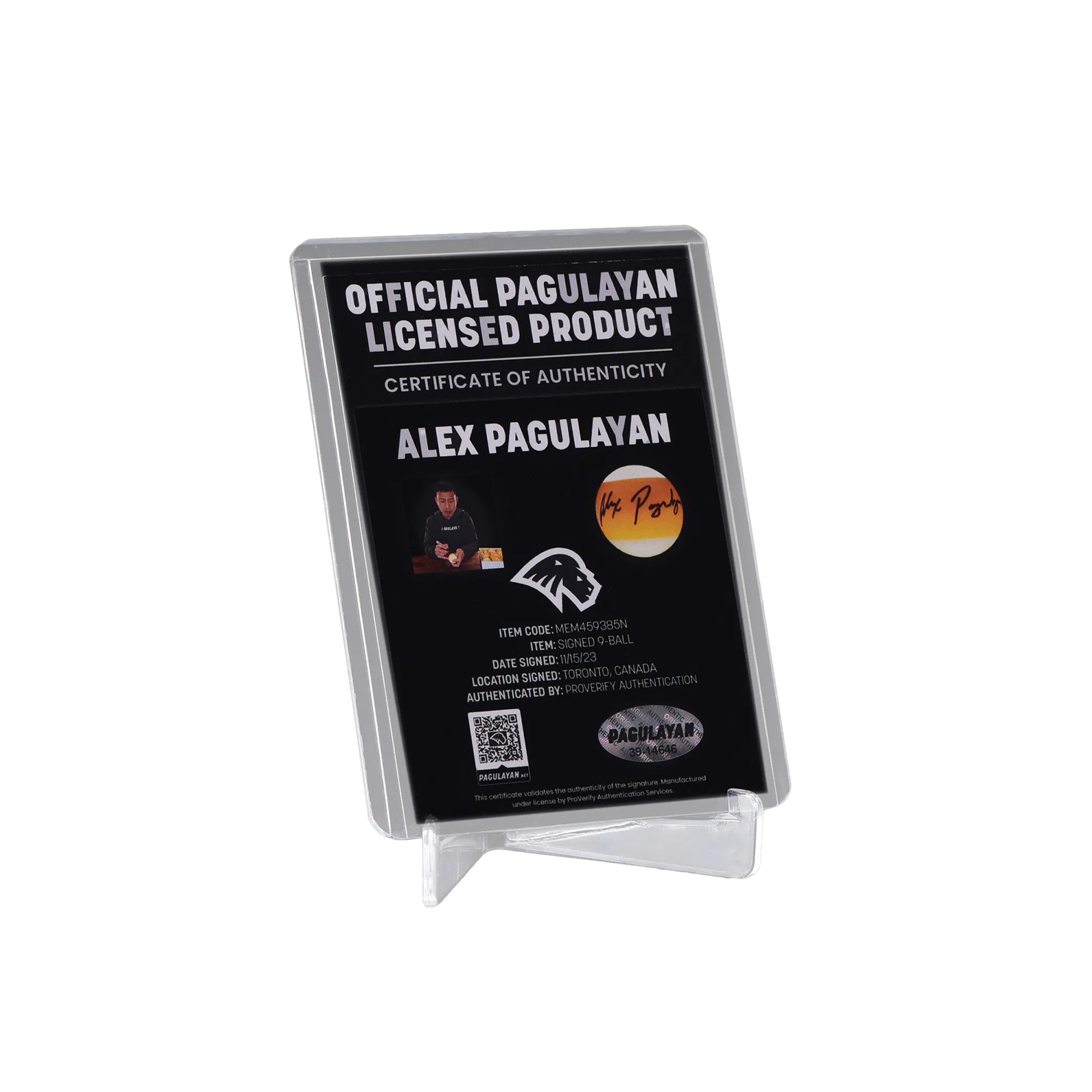 Certificate of authenticity for signed 9 ball display by Alex Pagulayan with numbered hologram and QR code.