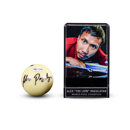 Signed cue ball shown beside acrylic display featuring Alex Pagulayan with engraved base and authentication branding.