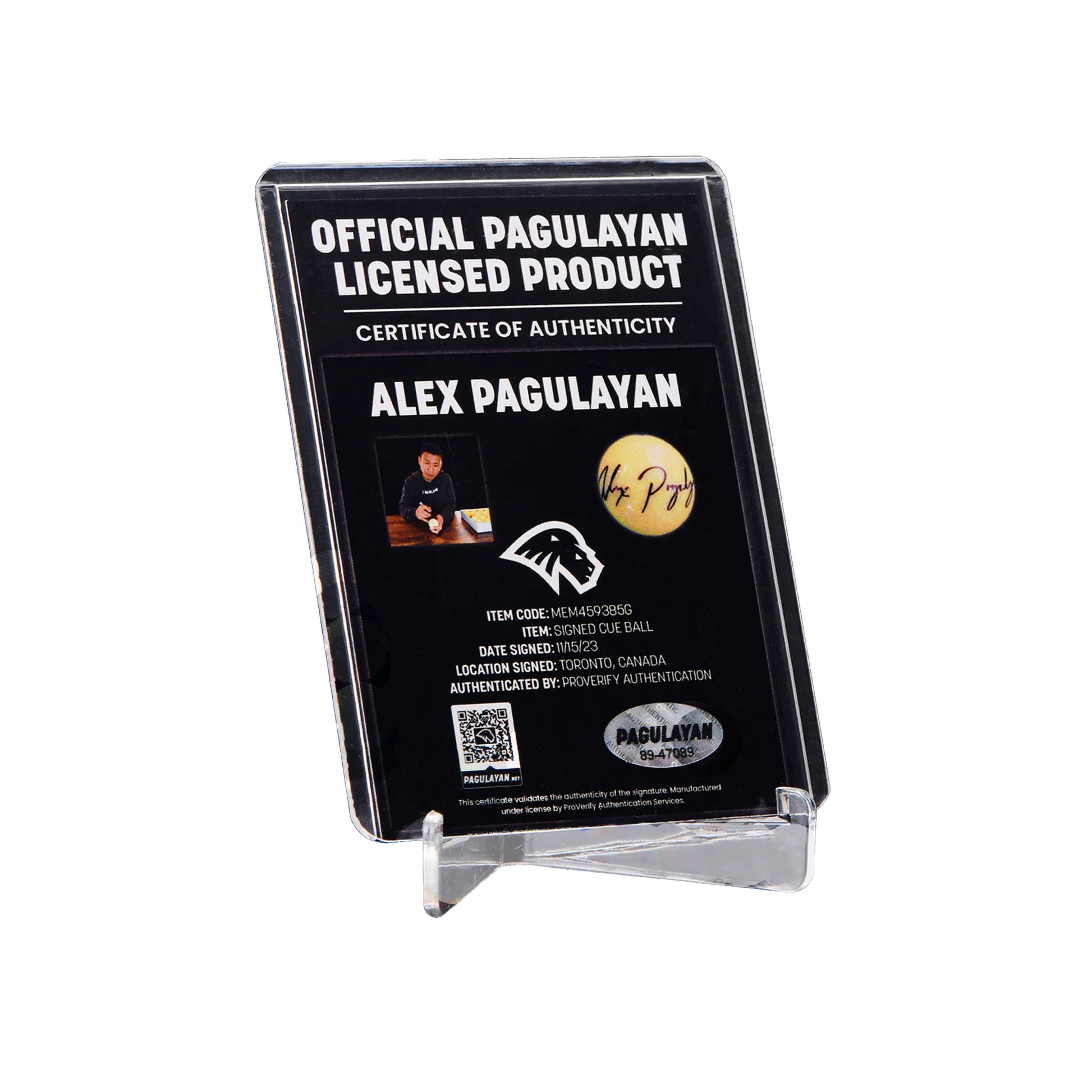 Certificate of authenticity for signed cue ball by Alex Pagulayan with hologram, QR code, and licensing details.